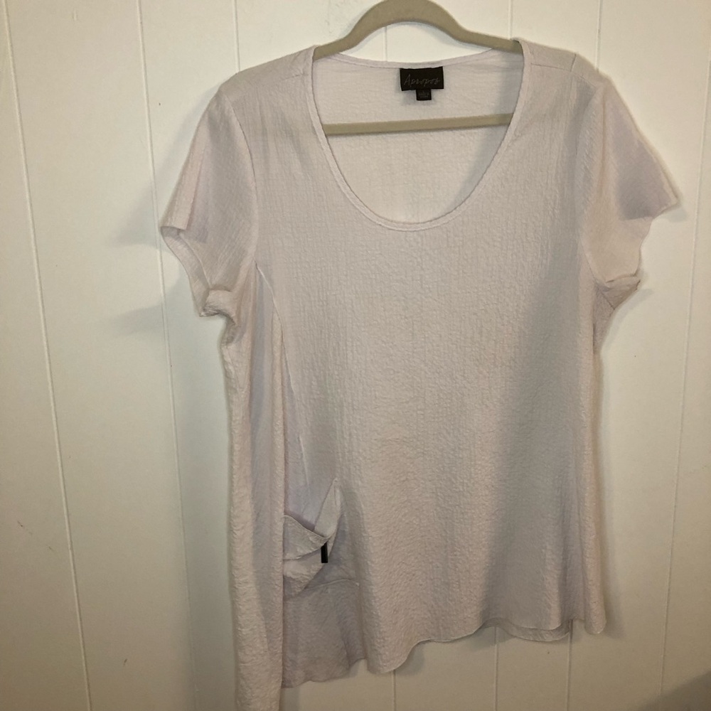 Apropos White Crepe Asymmetrical Scoop Neck Short Sleeve Blouse w/ Side Pocket L